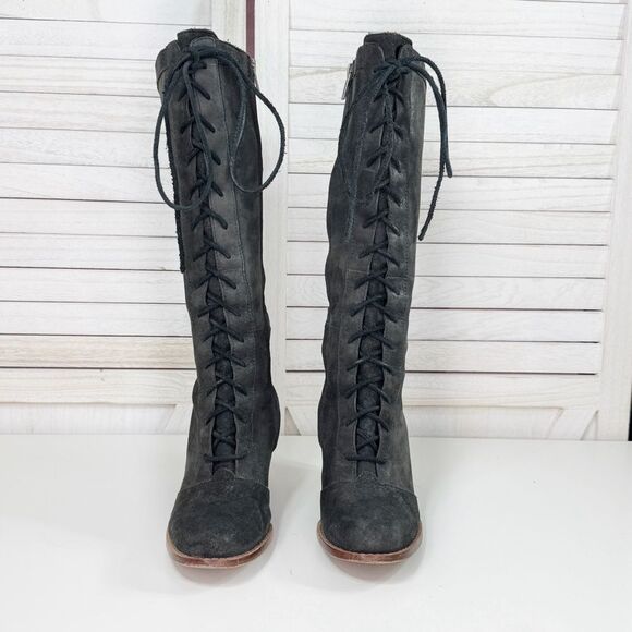 Ugg Camille Oil Rubbed Leather Lace Up Knee High Heeled Boots Black 6.5 5488 - Picture 3 of 13